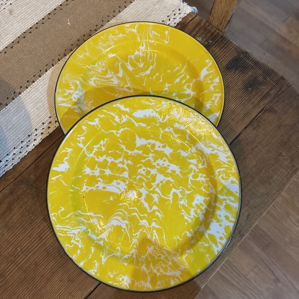 2pc Vintage Plate Set Enamel Metal Splatterware Yellow and White Splatter